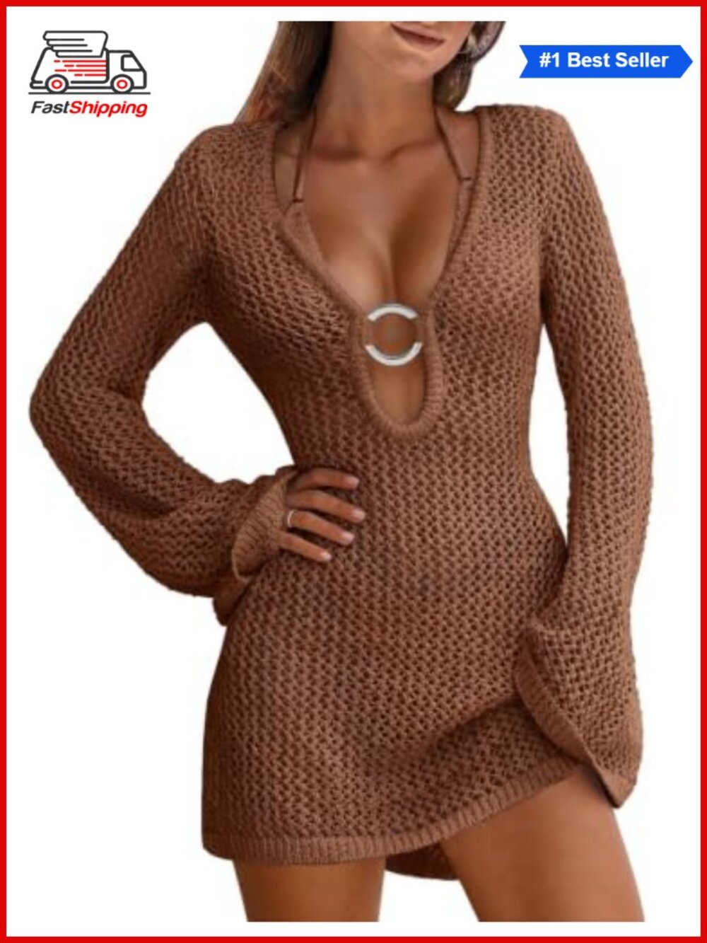 ✨Crochet Swimsuit Coverup Mini Dress Long Sleeve V-Neck Beachwear